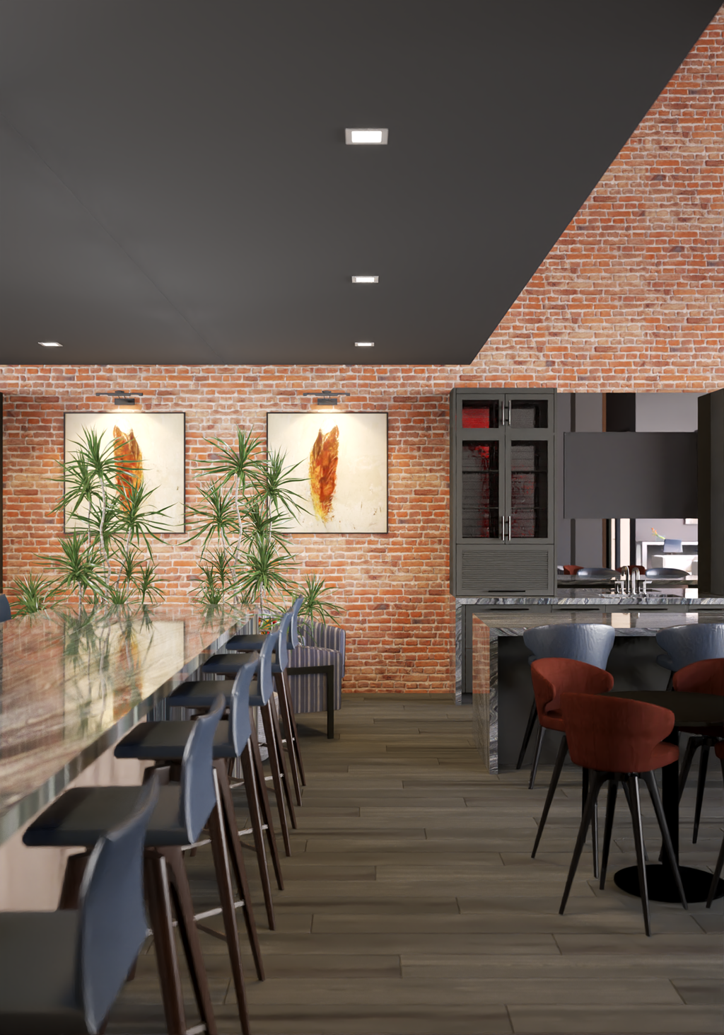a rendering of a restaurant with brick walls and a long bar with chairs