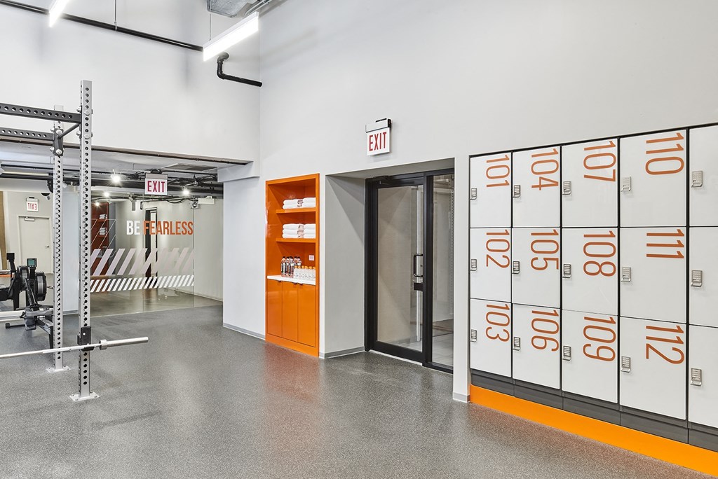 the locker room at the gym with lockers and equipment  at The Kent, Chicago, 60614