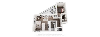 a 1 bedroom floorplan is shown with a kitchen and living room