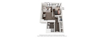 a stylized floor plan with a bedroom and a living room