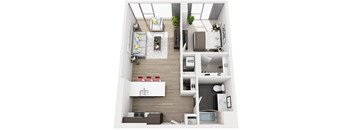 A top-down view of a small apartment with a living room, kitchen, and bathroom.