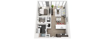 A top-down view of a small apartment with a kitchen, living room, and bathroom.
