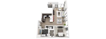 A top-down view of a modern apartment layout with a kitchen, living room, and bedroom.