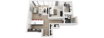 A top down view of a modern apartment with a kitchen, living room, and bedroom.