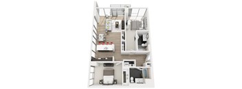 A top-down view of a modern apartment layout with a living room, kitchen, dining area, and bedrooms.