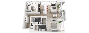 A top-down view of a modern, white-walled apartment with various furniture and appliances.