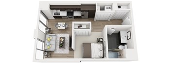 A top-down view of a modern apartment layout with a living room, kitchen, and bedroom.