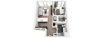 A top-down view of a modern apartment layout.