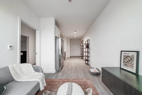 A living room with a grey couch and a rug.