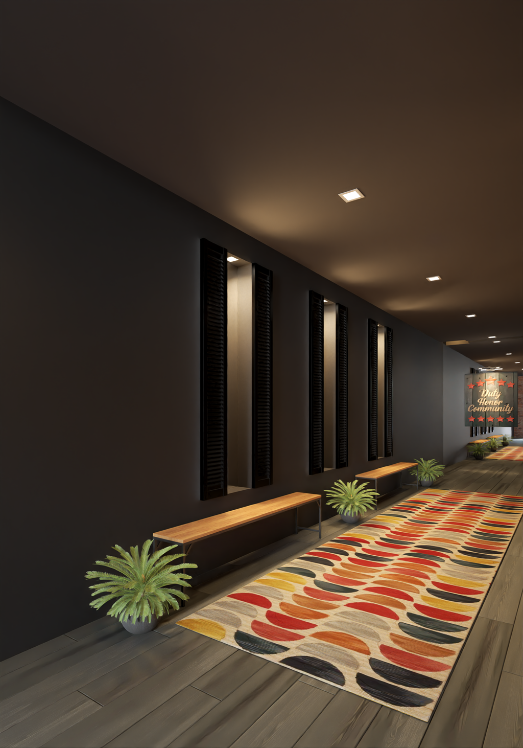 a colorful rug and benches in a dark room