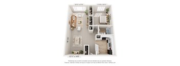 A 3D floor plan of a small apartment with a living room, kitchen, and bedroom.