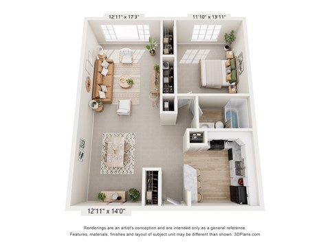 A 3D floor plan of a small apartment with a living room, kitchen, and bedroom.