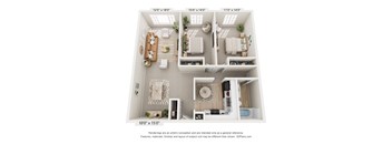 A 3D floor plan of a small apartment with three bedrooms and a living room.