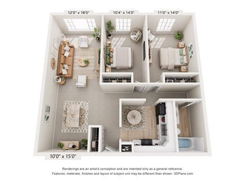 A 3D floor plan of a small apartment with three bedrooms and a living room.