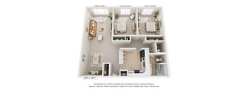 A 3D floor plan of a house with three bedrooms, two bathrooms, and a living room.