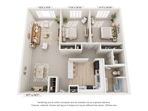 A 3D floor plan of a house with three bedrooms, two bathrooms, and a living room.