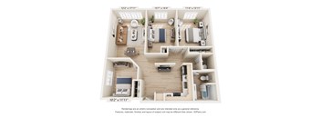 A 3D floor plan of a small apartment with a kitchen, living room, and two bedrooms.