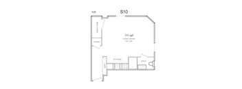 A drawing of a living room with a kitchen and bathroom.