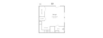 A floor plan of a living space with a kitchen, bathroom and bed closet.
