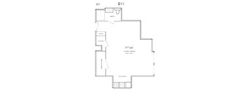A floor plan of a living space with a kitchen, living room, and bathroom.