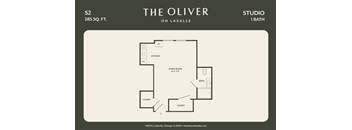 A floor plan for a studio apartment at The Oliver on Lasalle.