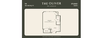 A floor plan for a studio apartment at The Oliver on Lassalle.