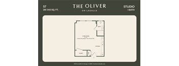 A floor plan for a studio apartment at The Oliver on Lasalle.