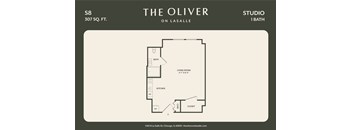 A floor plan for a 307 square foot studio on Lasalle showing a bath, kitchen, and living room.