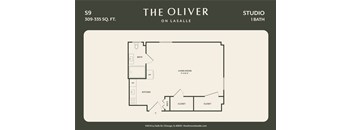 A floor plan for a studio apartment at The Oliver on Lasalle.
