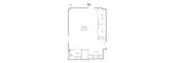 A drawing of a room layout with a living room, kitchen, and bath.