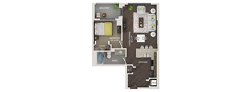 1 bed 1 bath 655 Sq. Ft. A floor plan at The Shelby, Illinois