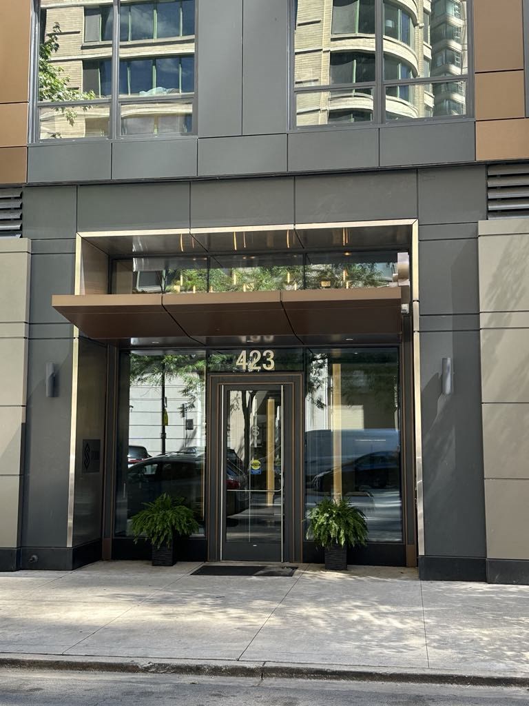 the entrance to a building on a city street