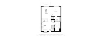 A floor plan of a 1 bedroom apartment with a kitchen and bathroom.