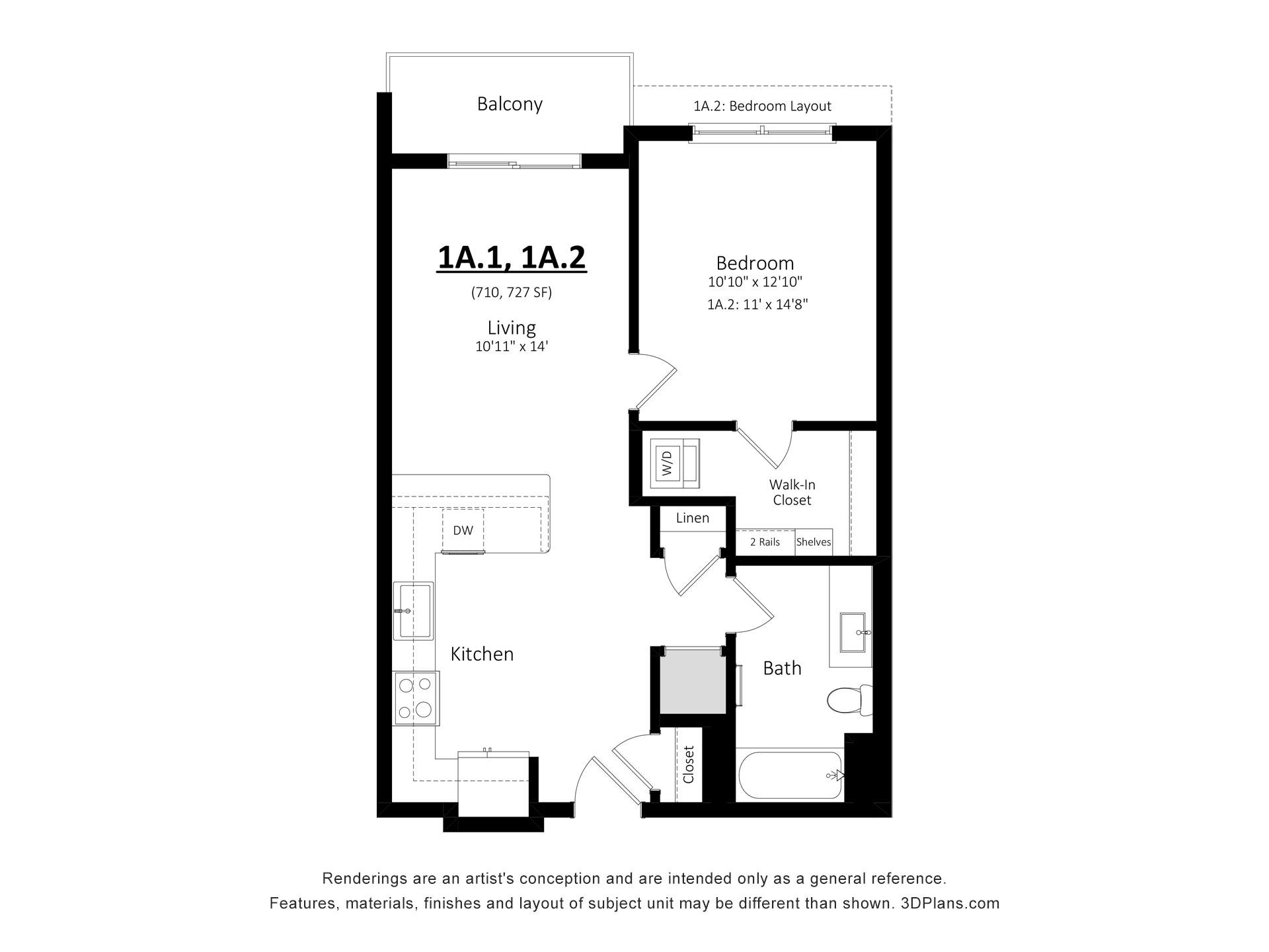 A floor plan of an apartment with two bedrooms, a living room, a kitchen, and a bathroom.