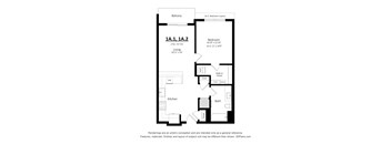 A floor plan of an apartment with two bedrooms, a living room, a kitchen, and a bathroom.