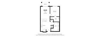 A floor plan of a 1-bedroom, 1-bathroom apartment with a kitchen and living room.