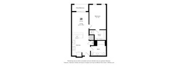 A floor plan of a one bedroom apartment with a kitchen and bath.