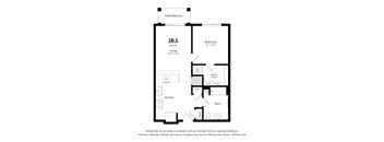 A floor plan of a 1B.1 apartment with a living area, kitchen, bathroom, and bedroom.