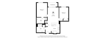 A floor plan of a two bedroom apartment with a living room and kitchen.