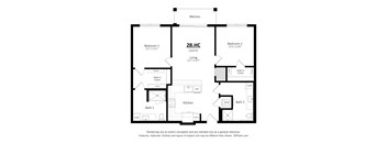A floor plan of a 2 Bedroom, 2 Bathroom house with a living room and kitchen.