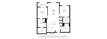A floor plan of a 2 bedroom, 2 bathroom apartment with a living room and kitchen.