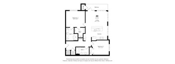 A floor plan of a two-bedroom apartment with a living room, kitchen, and two bathrooms.