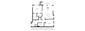 A floor plan of a two-bedroom apartment with a living room, kitchen, and bathrooms.