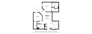 A floor plan of a home with two bedrooms, two bathrooms, a balcony, a living room, a kitchen, and a dining area.