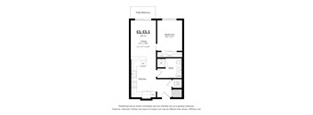 A floor plan of a one bedroom apartment with a kitchen and bathroom.