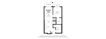 A floor plan of a room with a bed, bath, and kitchen.