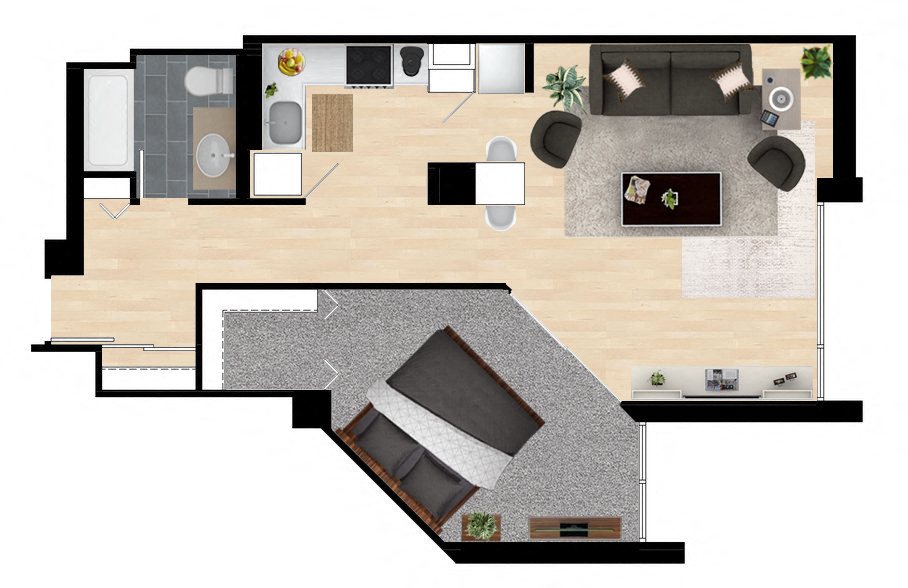 1  Bed   1  Bath   705 Sq. Ft. Clark Floor Plan at The Kent, Chicago, Illinois