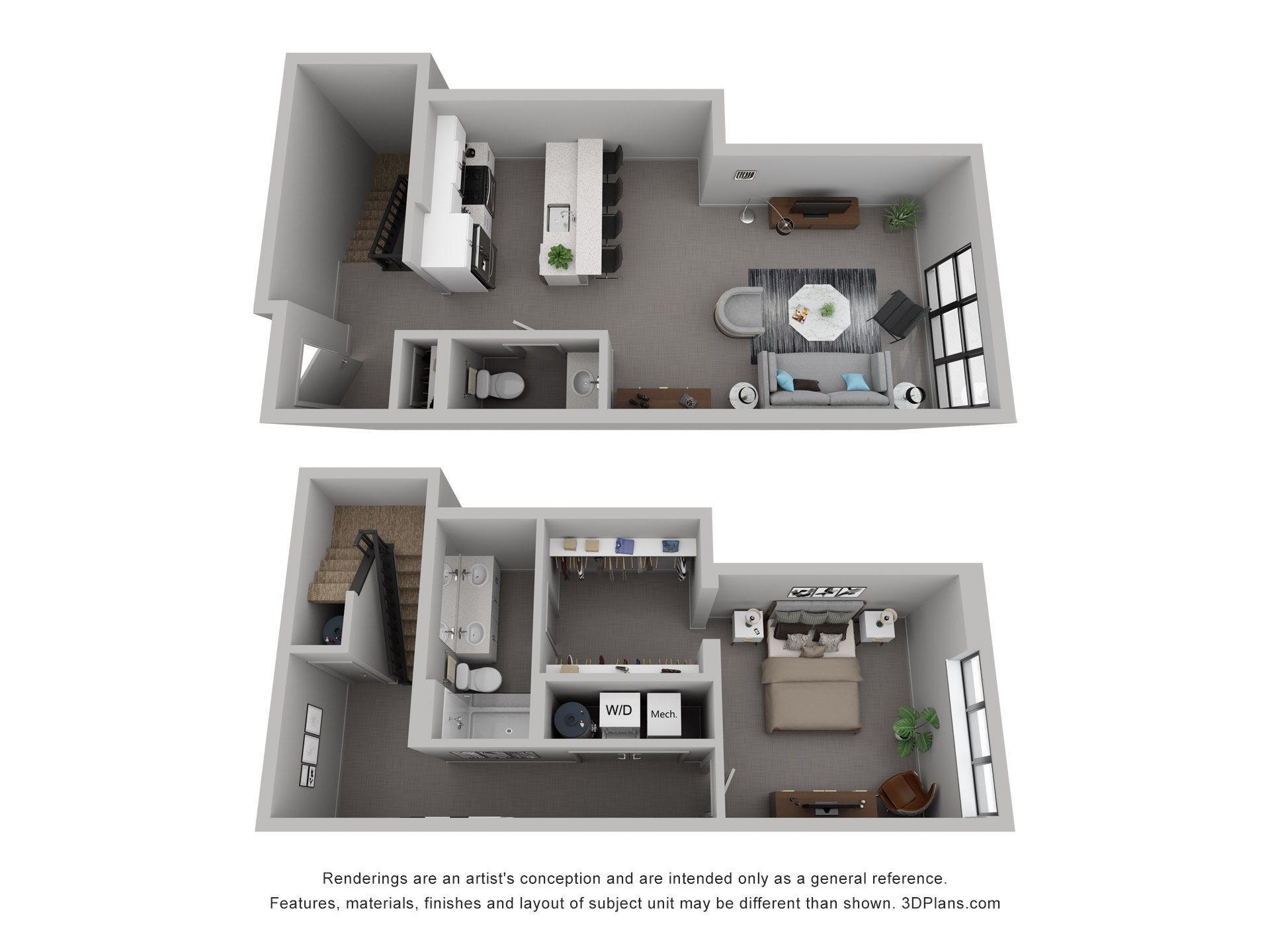 Two 3D floor plans of a house with a kitchen, living room, and bathroom.