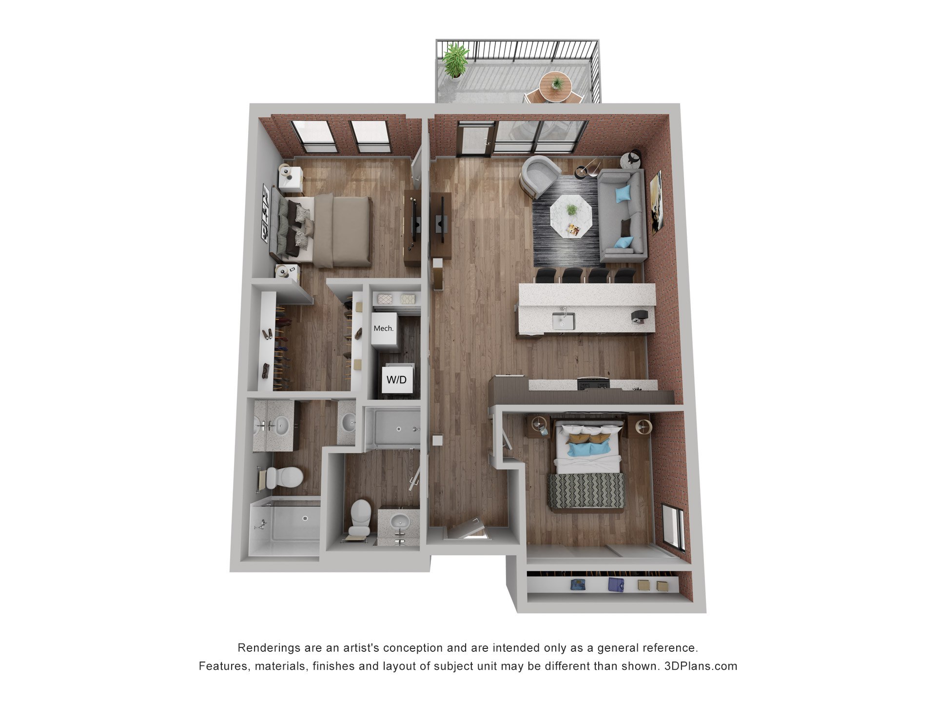 A 3D floor plan of a house with a kitchen, living room, and bathroom.
