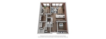 A 3D floor plan of a small apartment with a kitchen, living room, and bathroom.